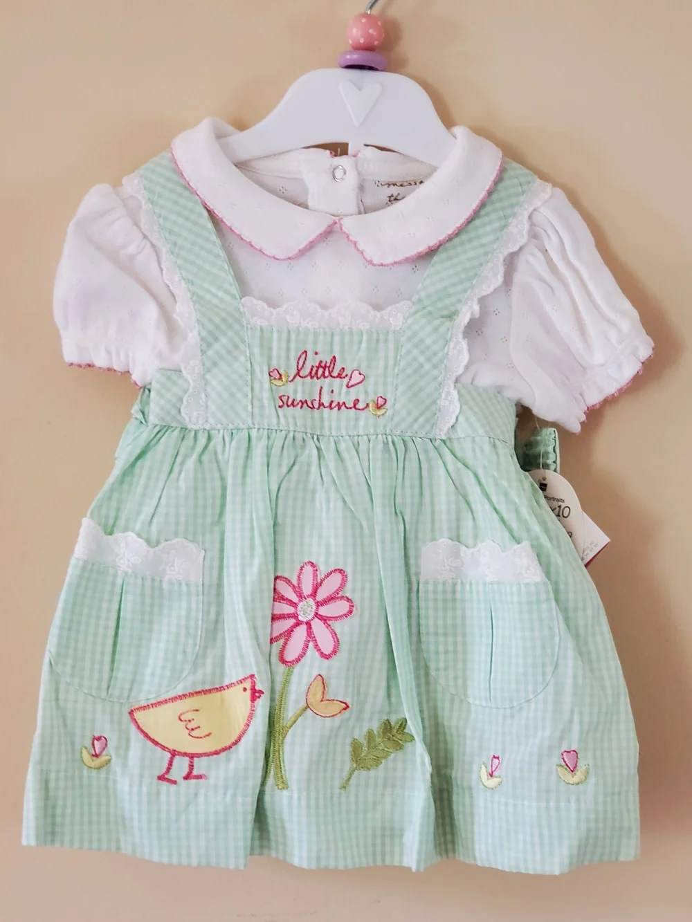 Little Sunshine 4-pc Mint Green Gingham Baby Dress with Embroidered Chick